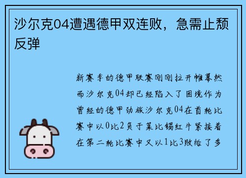 沙尔克04遭遇德甲双连败，急需止颓反弹