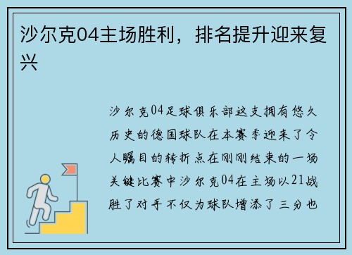 沙尔克04主场胜利，排名提升迎来复兴