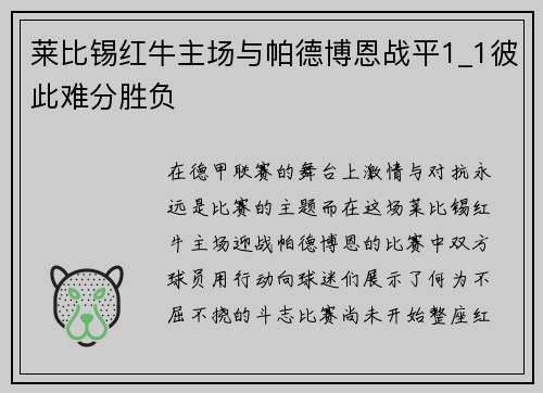 莱比锡红牛主场与帕德博恩战平1_1彼此难分胜负